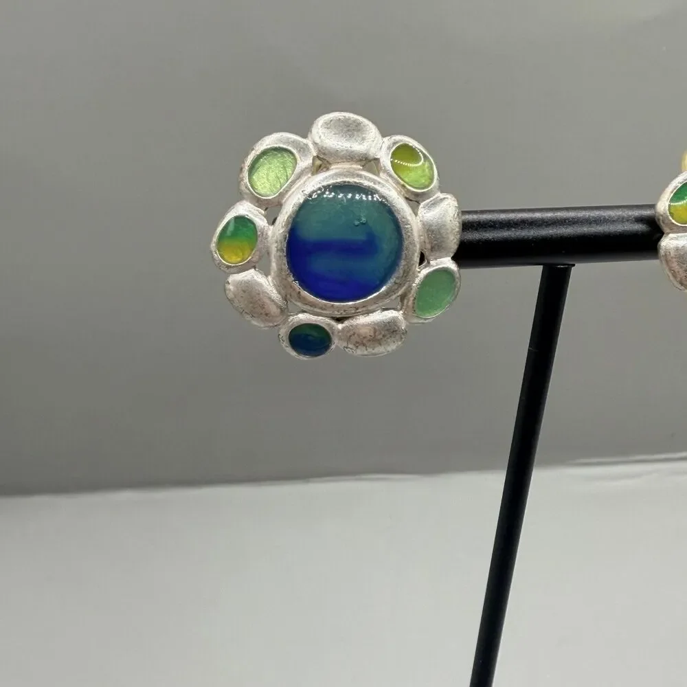 VTG Anne Klein Round Western Boho Clip On Earrings Silver Tone Floral Blue Green